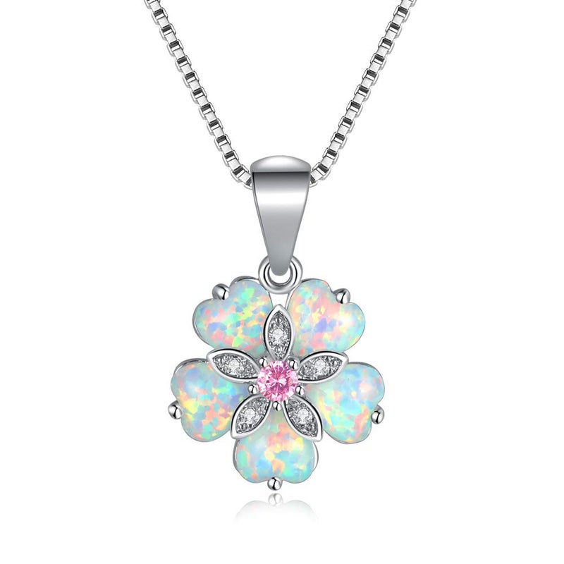 CiNily Flower Opal Pendant Necklace Box Chain 18K White Gold Plated Pink Topaz Zircon Opal Jewelry for Women, Gemstone Necklaces Lovers Birthday Friendship Jewelry - Image 1